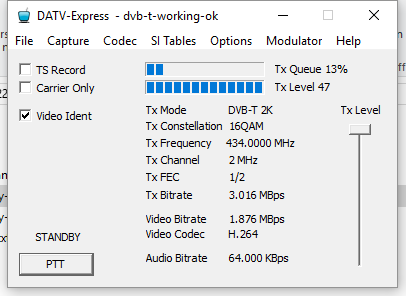 Screenshot DATV-Express Sendeeinstellungen f. DVB-T 2K